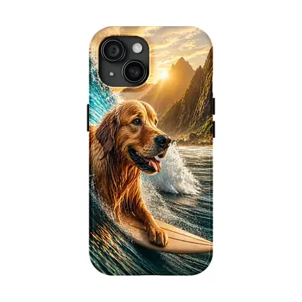 Golden Retriever Surfing Ocean Wave Mountains