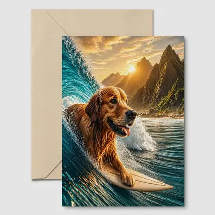 Golden Retriever Surfing Ocean Wave Mountains