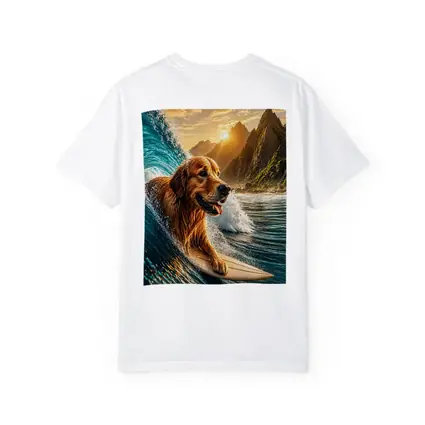 Golden Retriever Surfing Ocean Wave Mountains