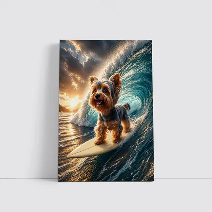 Yorkshire Terrier Surfing Ocean Wave Sunset
