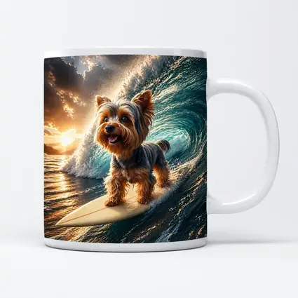 Yorkshire Terrier Surfing Ocean Wave Sunset