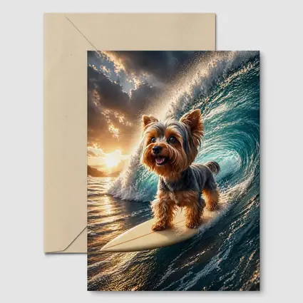 Yorkshire Terrier Surfing Ocean Wave Sunset