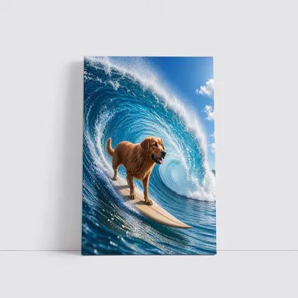 Golden Retriever Surfing Giant Ocean Wave