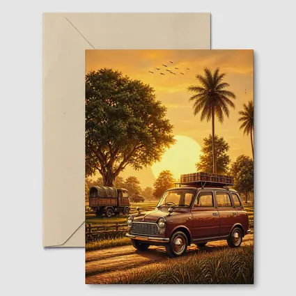 Mini Classic Car Golden Sunset Rural Setting