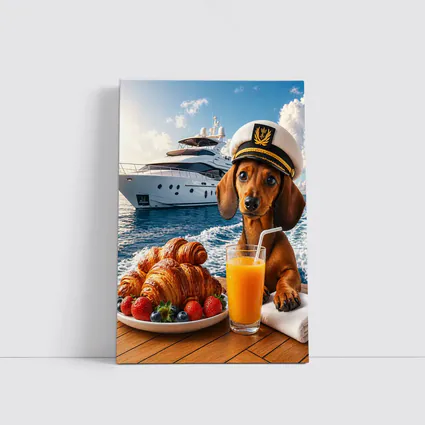 Dachshund Captain on Yacht Morning Breakfast