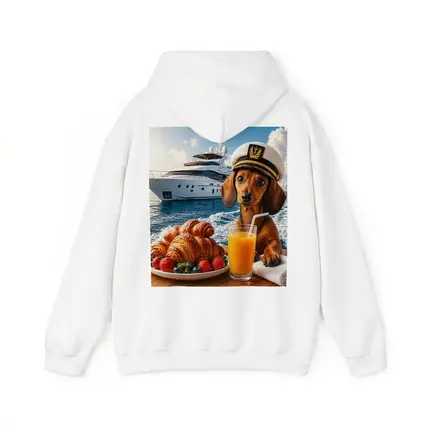 Dachshund Captain on Yacht Morning Breakfast