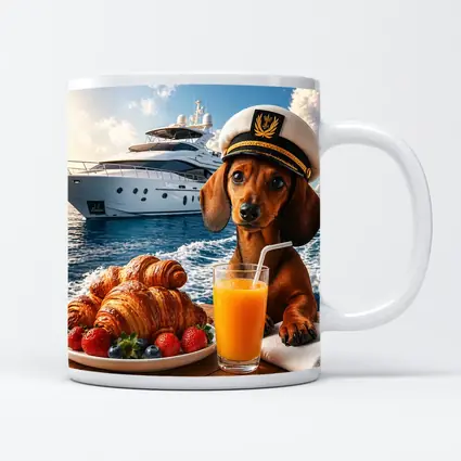 Dachshund Captain on Yacht Morning Breakfast