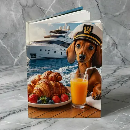Dachshund Captain on Yacht Morning Breakfast