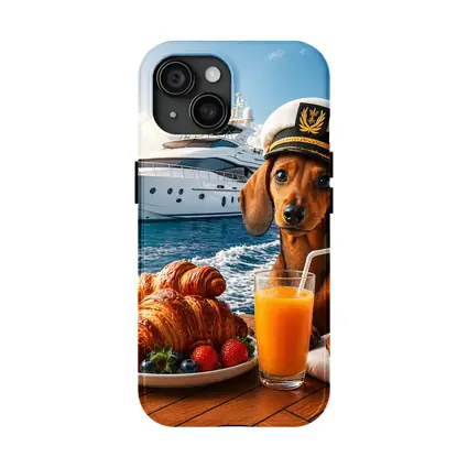 Dachshund Captain on Yacht Morning Breakfast