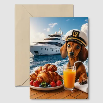 Dachshund Captain on Yacht Morning Breakfast