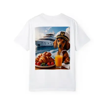 Dachshund Captain on Yacht Morning Breakfast