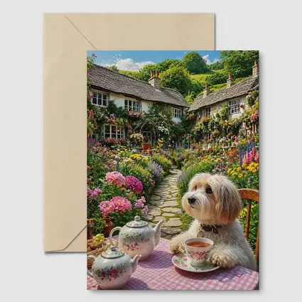 Fluffy Dog Afternoon Tea Cottage Garden