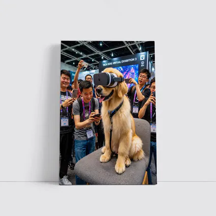 Golden Retriever Wearing VR Headset Tech Exhibition