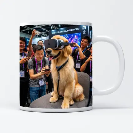 Golden Retriever Wearing VR Headset Tech Exhibition