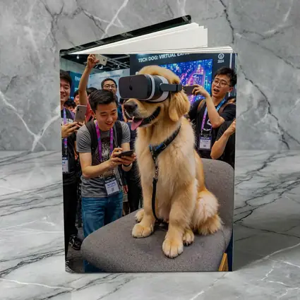 Golden Retriever Wearing VR Headset Tech Exhibition