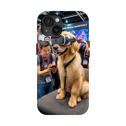 Golden Retriever Wearing VR Headset Tech Exhibition