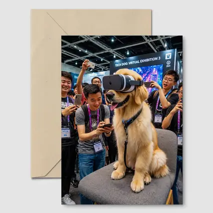 Golden Retriever Wearing VR Headset Tech Exhibition