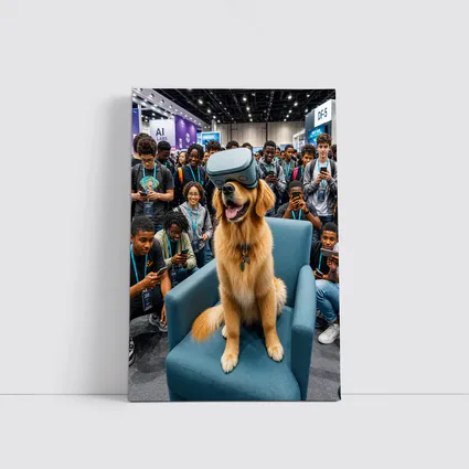 Golden Retriever Wearing VR Headset Tech Expo