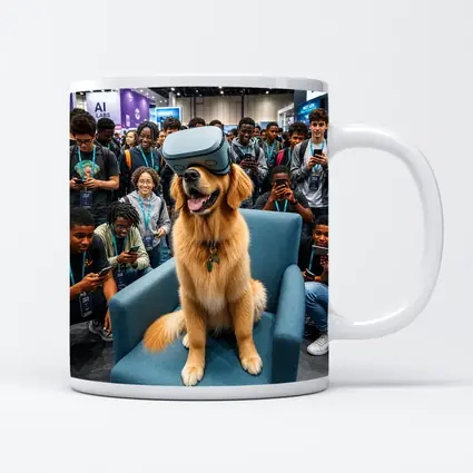 Golden Retriever Wearing VR Headset Tech Expo