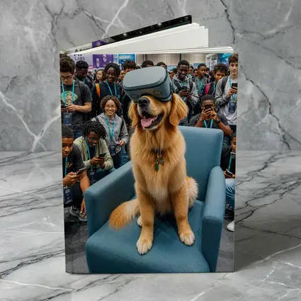 Golden Retriever Wearing VR Headset Tech Expo
