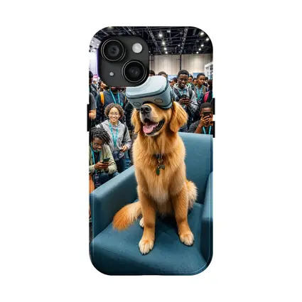 Golden Retriever Wearing VR Headset Tech Expo