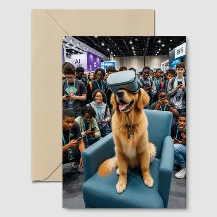 Golden Retriever Wearing VR Headset Tech Expo