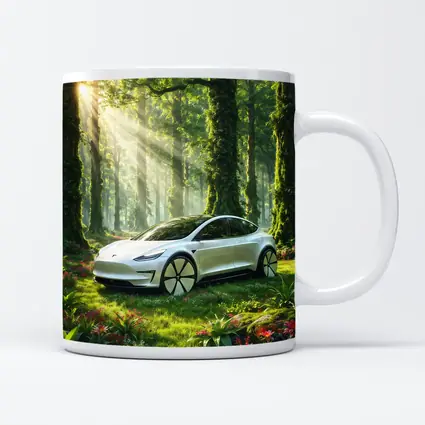 Tesla Model 3 White In Sunlit Forest