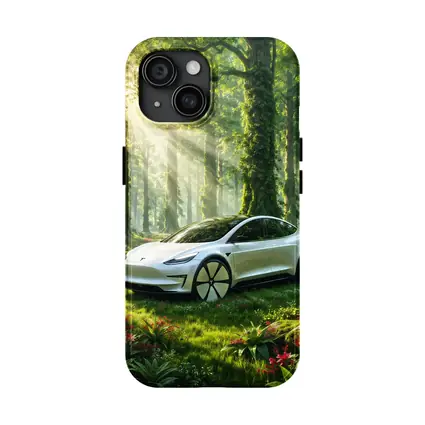 Tesla Model 3 White In Sunlit Forest