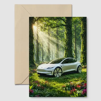 Tesla Model 3 White In Sunlit Forest