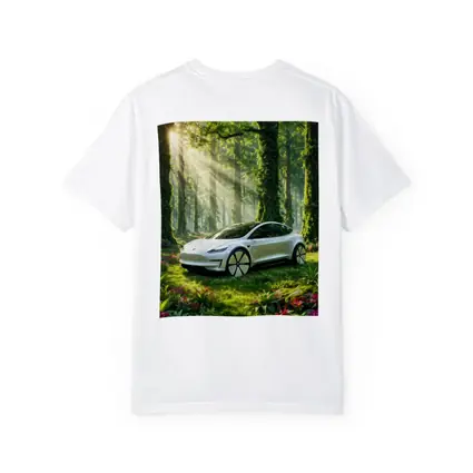 Tesla Model 3 White In Sunlit Forest