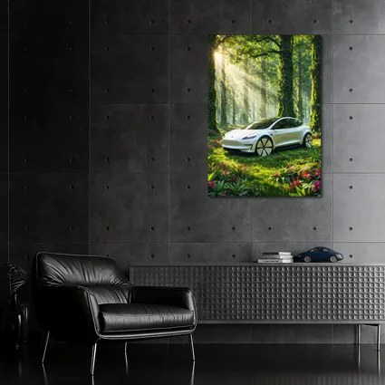 Tesla Model 3 White In Sunlit Forest