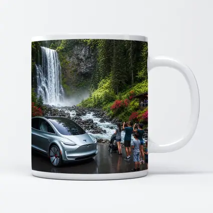 Tesla Model Y Silver At Forest Waterfall