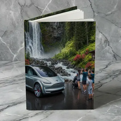 Tesla Model Y Silver At Forest Waterfall