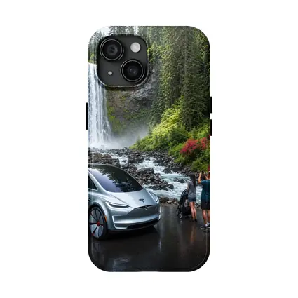Tesla Model Y Silver At Forest Waterfall