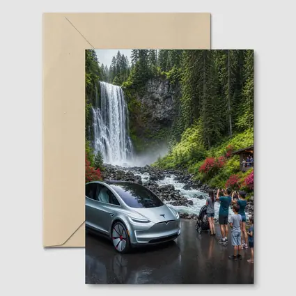 Tesla Model Y Silver At Forest Waterfall