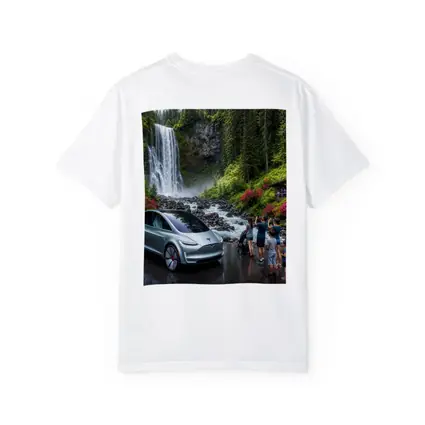 Tesla Model Y Silver At Forest Waterfall