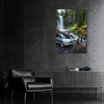 Tesla Model Y Silver At Forest Waterfall