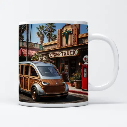 Tesla Cybertruck Woody Wagon Retro Diner Setting