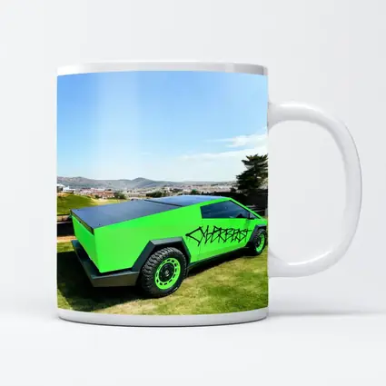 Green Tesla Cybertruck Graffiti City Background