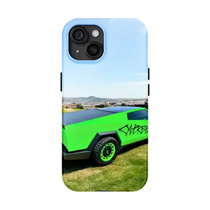 Green Tesla Cybertruck Graffiti City Background