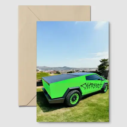 Green Tesla Cybertruck Graffiti City Background
