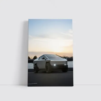 Tesla Cybertruck Parked Near River At Sunset