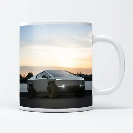 Tesla Cybertruck Parked Near River At Sunset