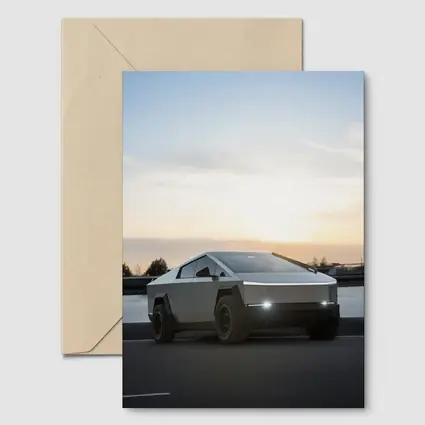 Tesla Cybertruck Parked Near River At Sunset