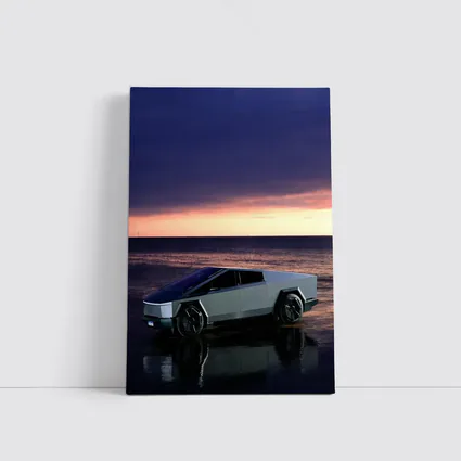 Tesla Cybertruck Parked on Beach at Sunset