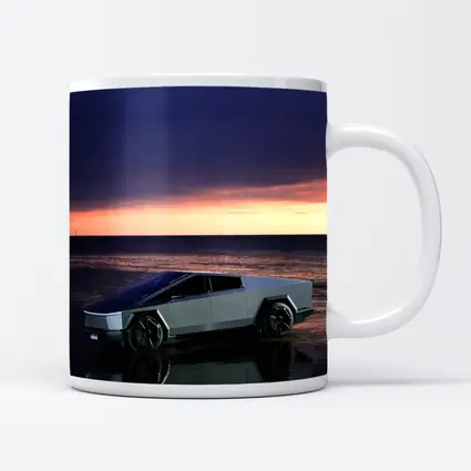 Tesla Cybertruck Parked on Beach at Sunset