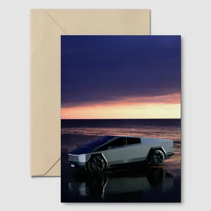 Tesla Cybertruck Parked on Beach at Sunset