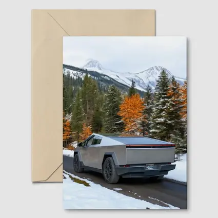 Tesla Cybertruck Mountain Snow Forest Road