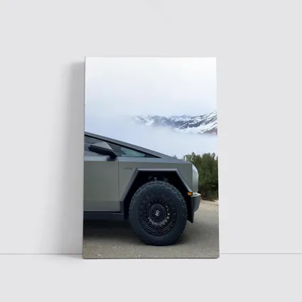 Tesla Cybertruck Parked Near Snowy Mountain Fog