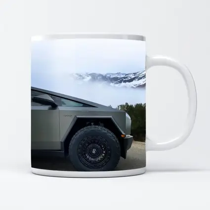 Tesla Cybertruck Parked Near Snowy Mountain Fog